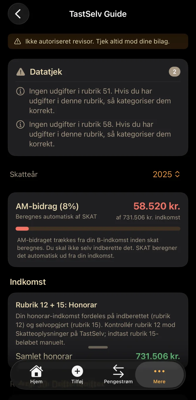 TastSelv-guide top: AM-bidrag 58.520 kr (8% af 731.506 kr B-indkomst), Datatjek-validering der fanger manglende kategorier, Rubrik 12+15 honorar 731.506 kr
