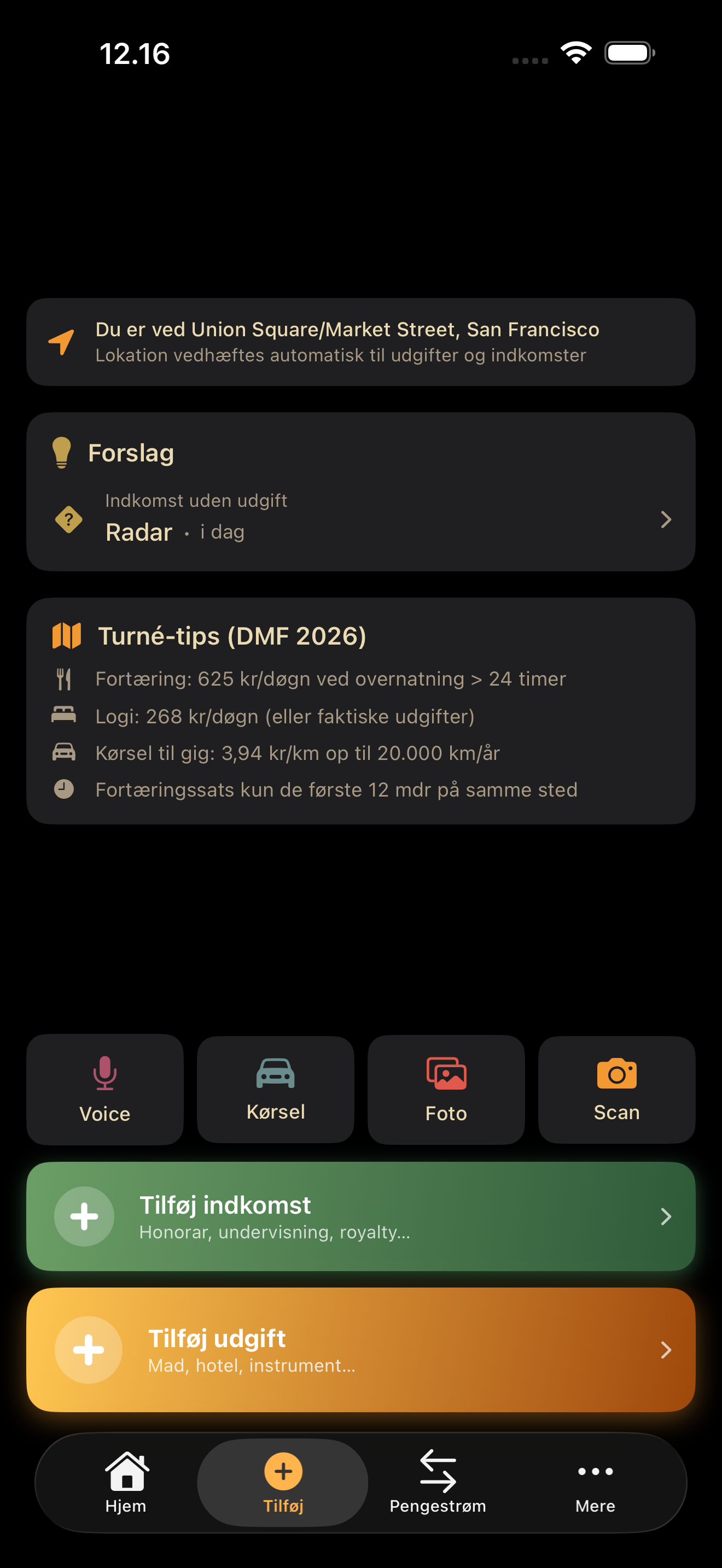 Fang-skærm med Turné-tips: DMF 2026-satser (fortæring 625 kr/døgn over 24 timer, logi 268 kr/døgn, kørsel 3,94 kr/km op til 20.000 km). Fire input-metoder: Voice, Kørsel, Foto, Scan